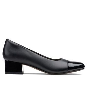 Clarks Marilyn Sara Black Leather with Patent Square Toe Block Heel Pump
